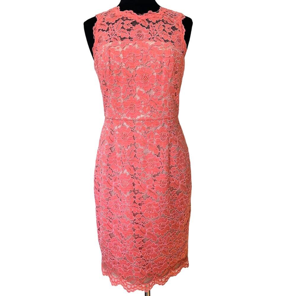 VINCE CAMUTO Pink Salmon Lace Overlay Sheath Dress Floral Sleeveless Size 10